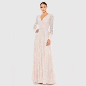 Mac Duggal Pink Beaded Lace Long Sleeve Wrap Over Gown